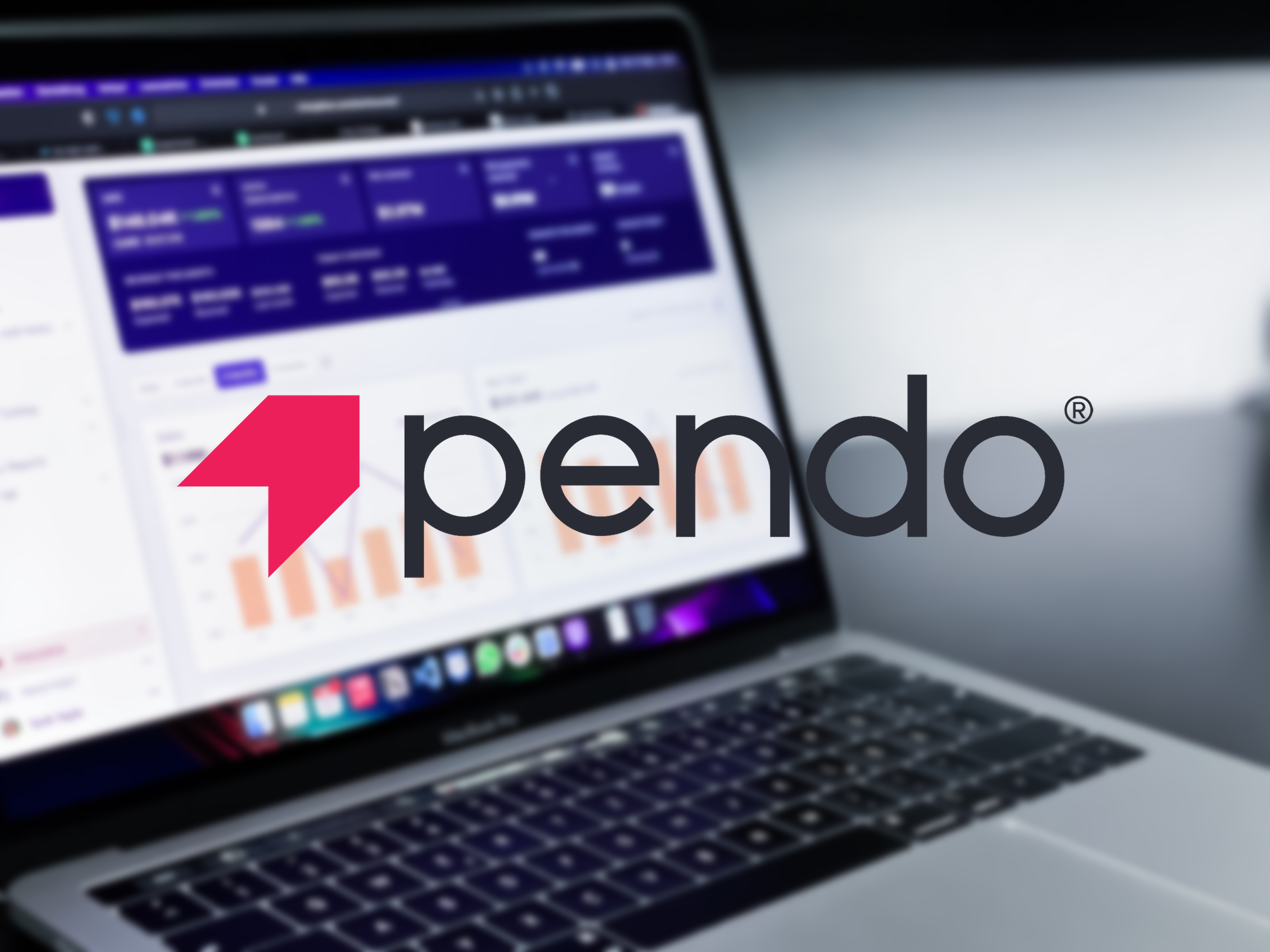 Pendo logo with analytics on laptop screen behind