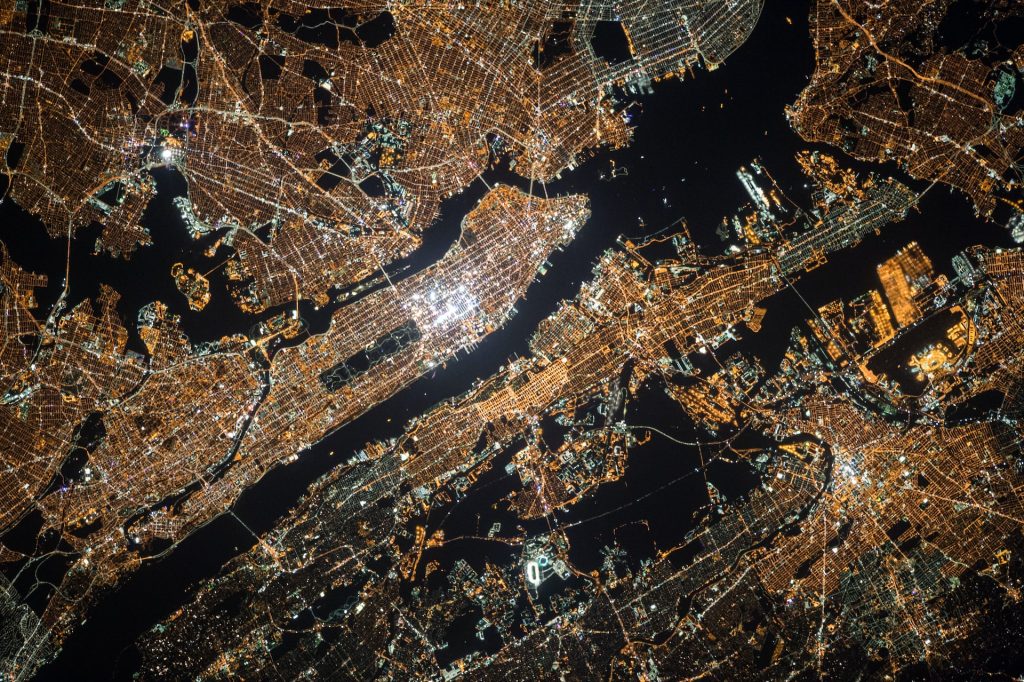 Manhattan at night from the sky