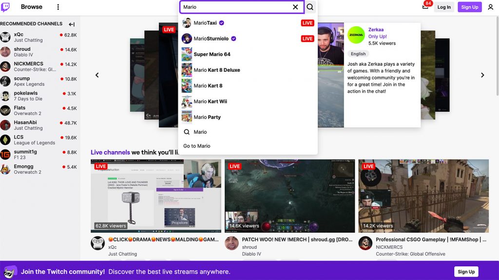 Twitch search bar powered by Algolia search